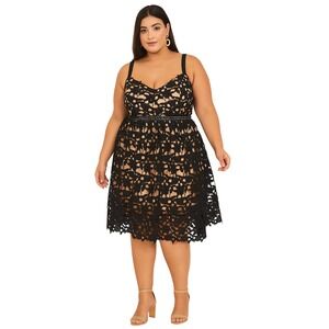 City Chic Plus Size So Fancy Dress Navy Lace Cocktail Party Midi Fit & Flare 16
